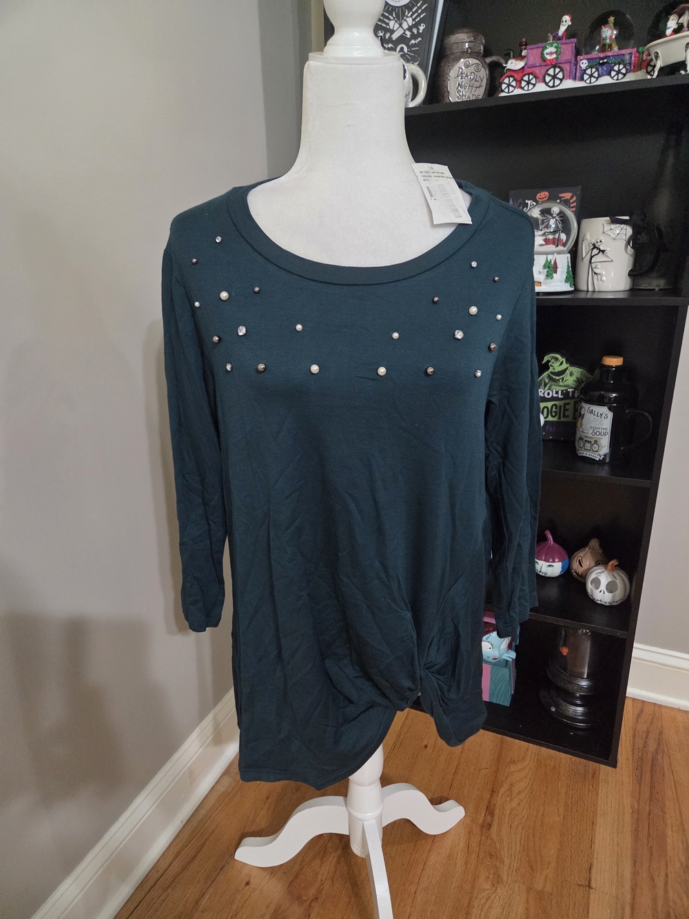 bobeau Teal Long Sleeve Scoop Neck Top with Pearl & Stud Accents
